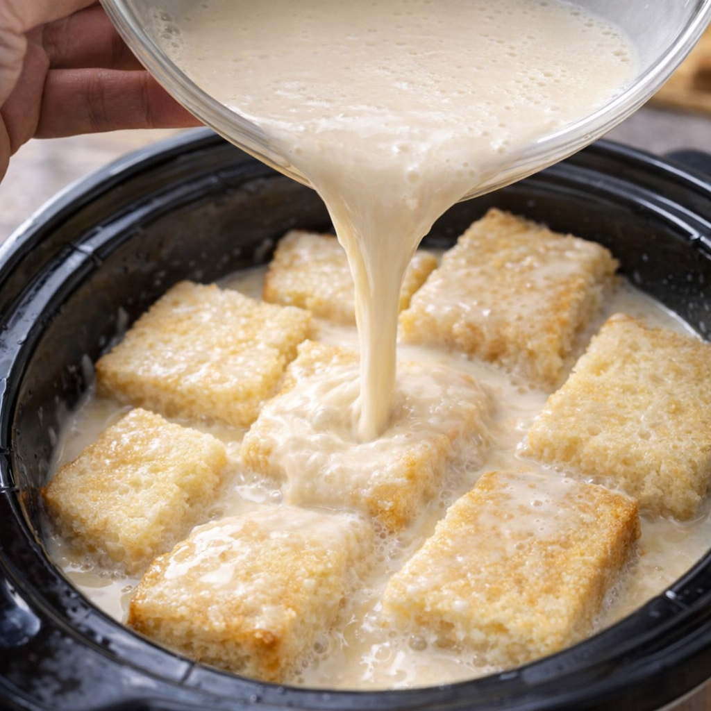 Milk mixture being poured over sponge cake