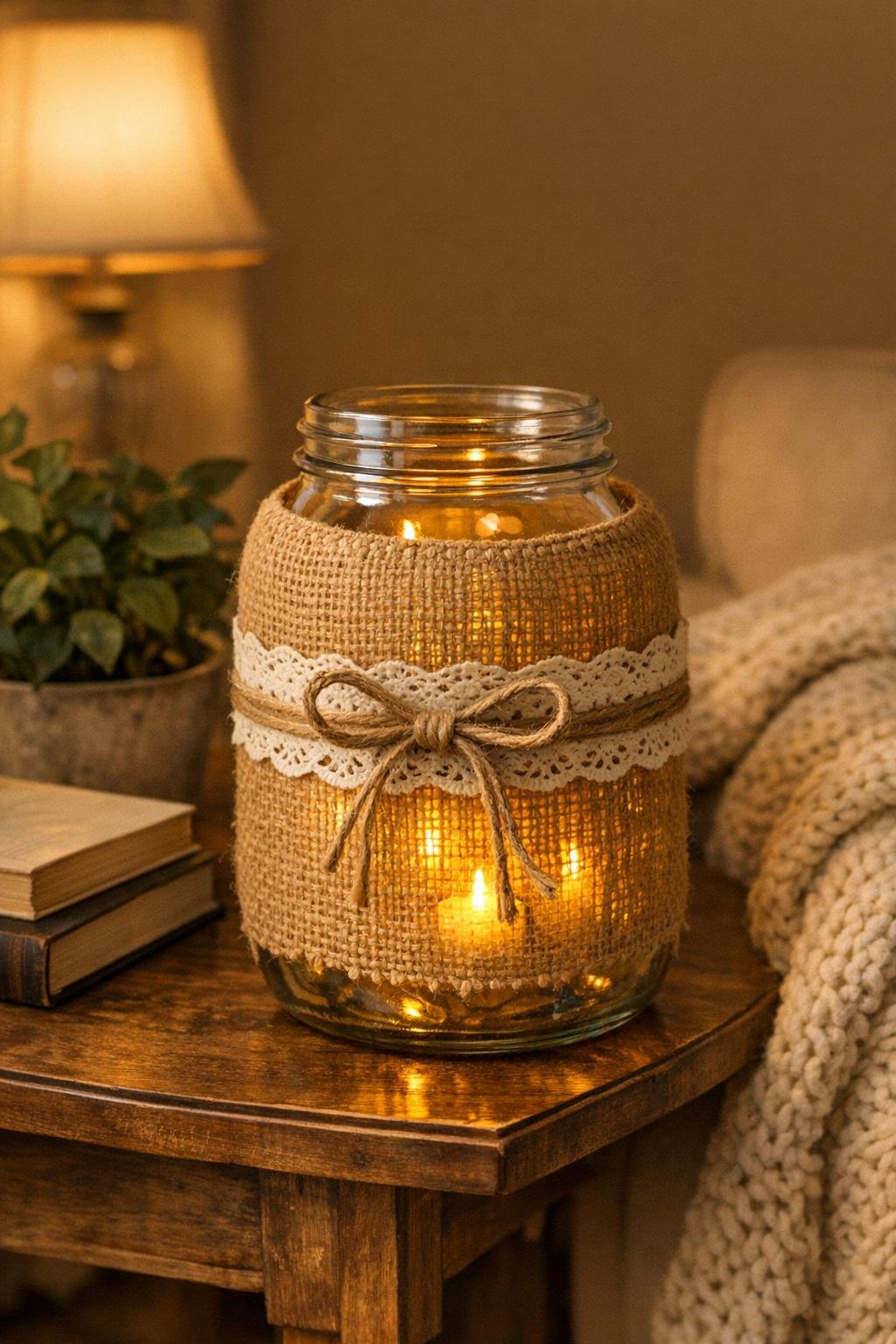 Finished burlap-wrapped pickle jar luminary glowing in a living room
