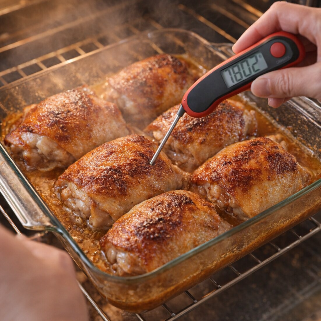 Cooked chicken thigh being checked with a thermometer