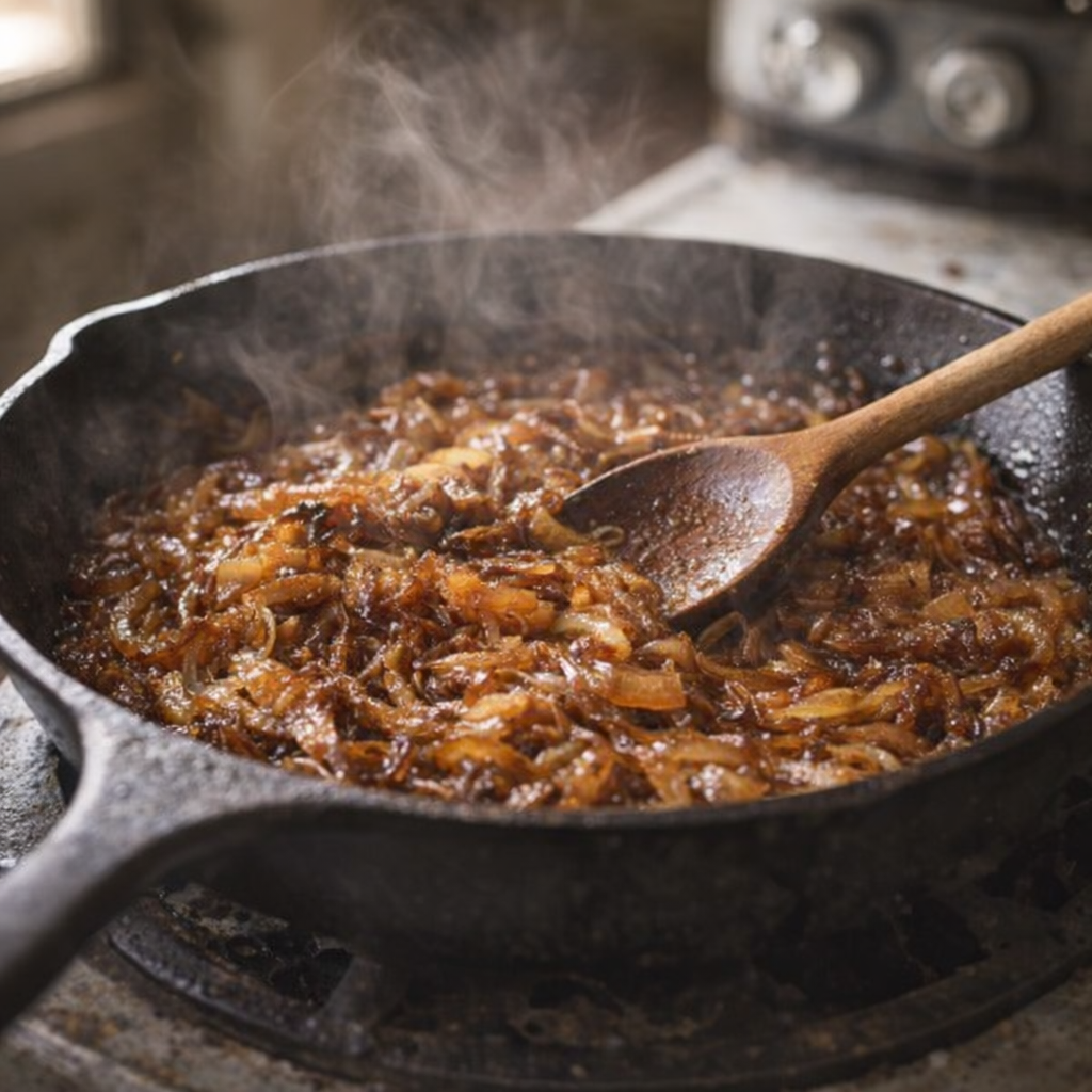 Skillet of caramelized onions on a farmhouse stove