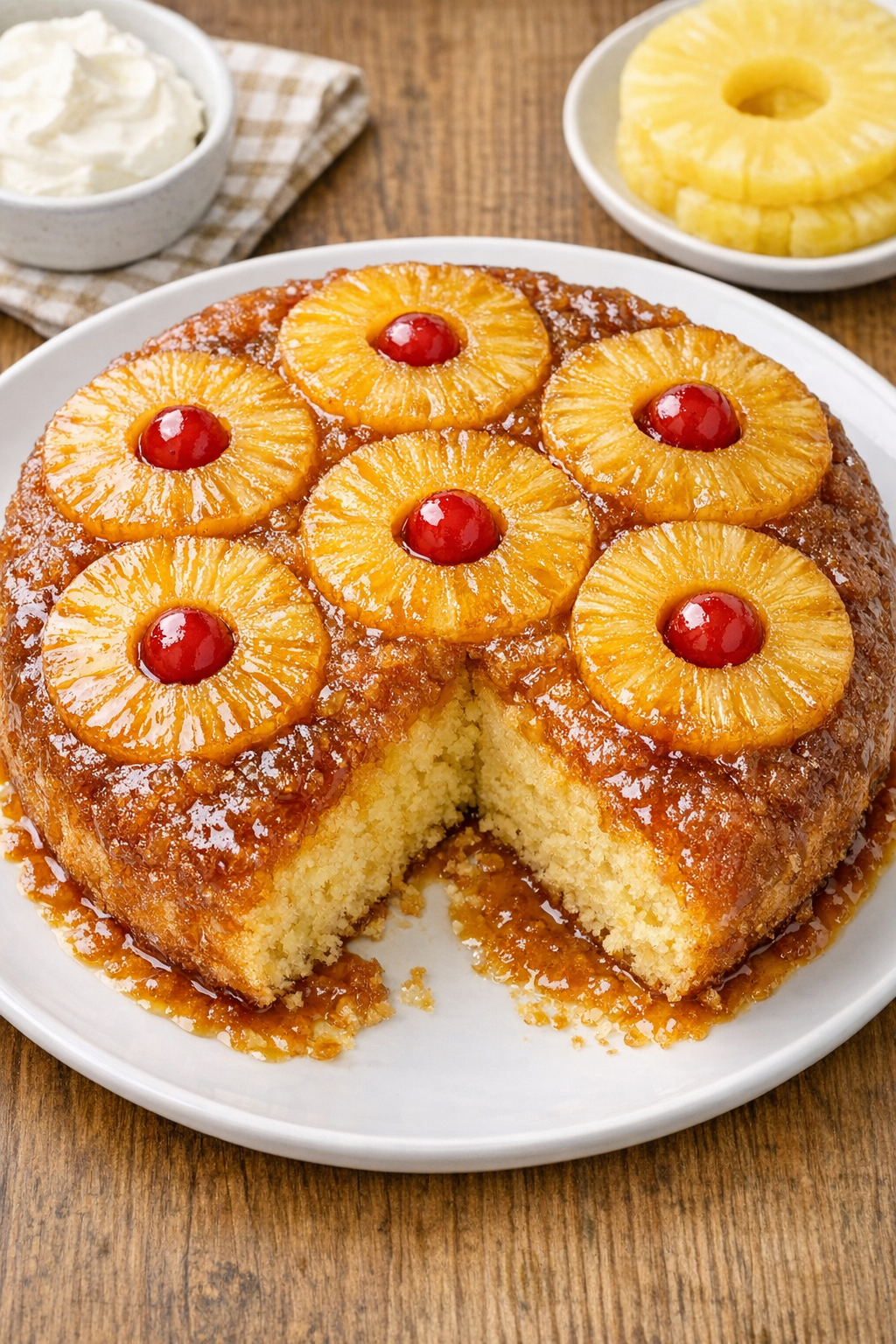 Finished pineapple upside down cake on a serving plate