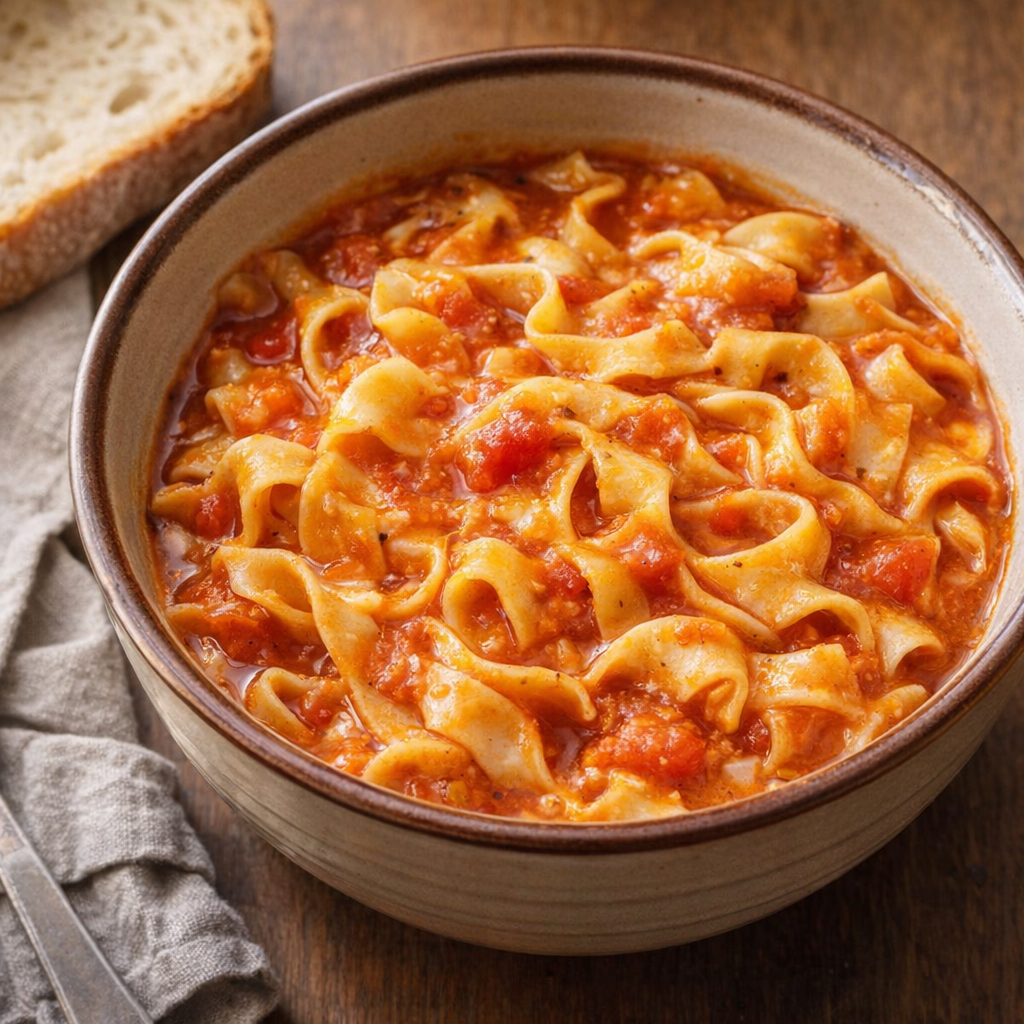 Bowl of Amish tomato noodles on a dinner table
