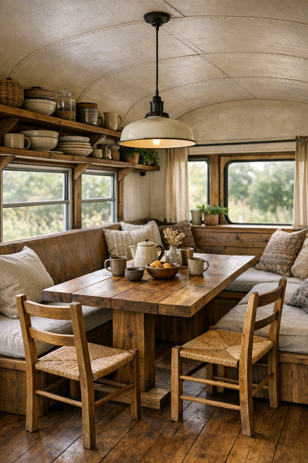 Built-in dining nook inside a converted bus with wood table, bench seating, and farmhouse accents