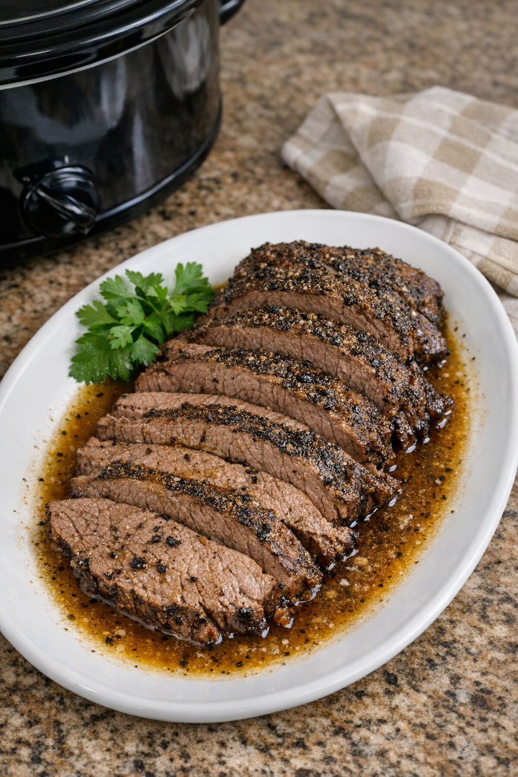 Finished Amish black pepper beef plated with its cooking juices