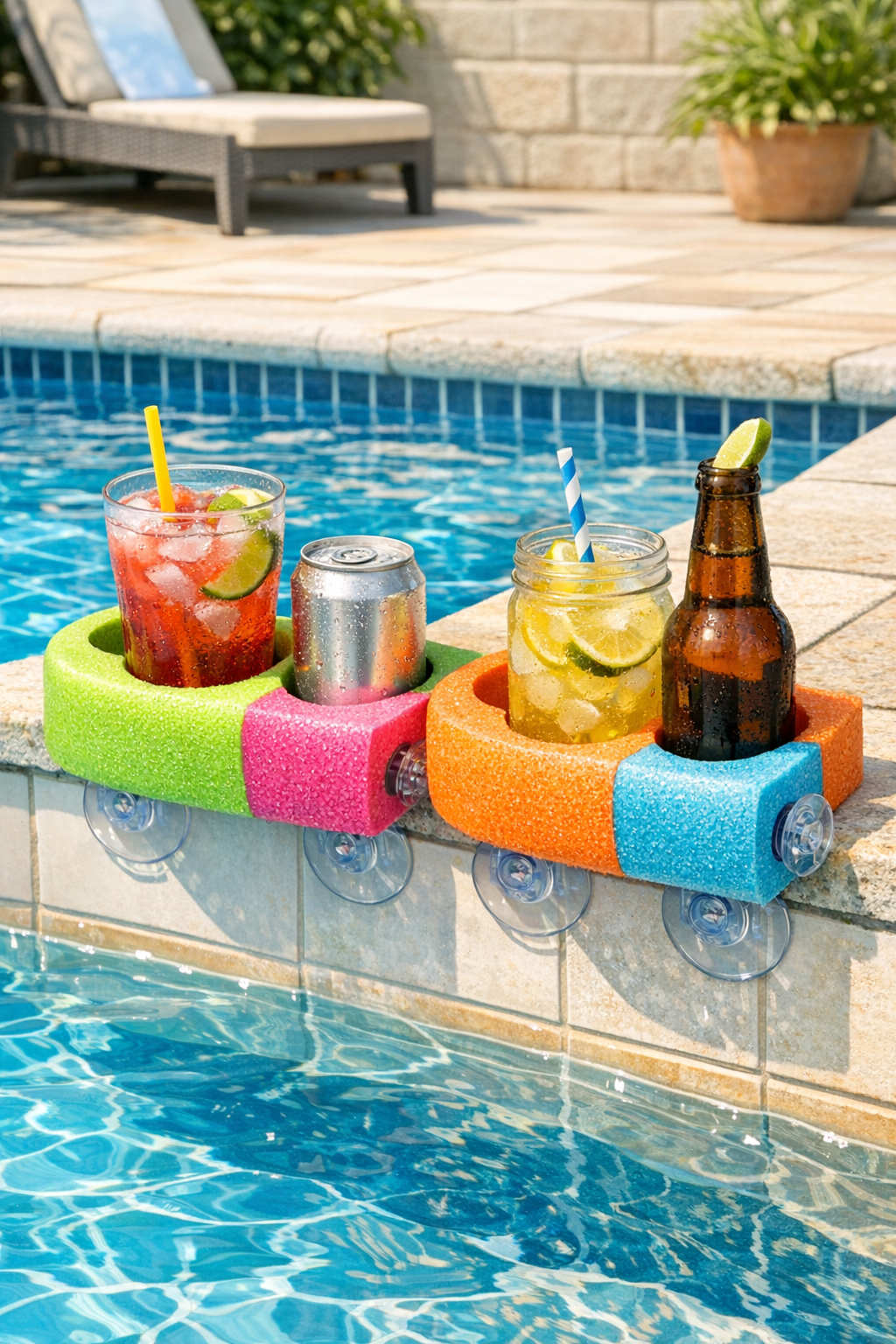 Finished colorful pool noodle drink holders mounted poolside with drinks inside