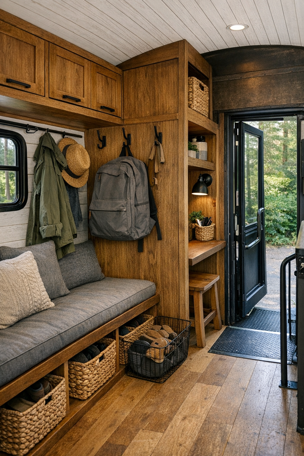 Functional converted bus entry and utility area with built-in storage and small work nook