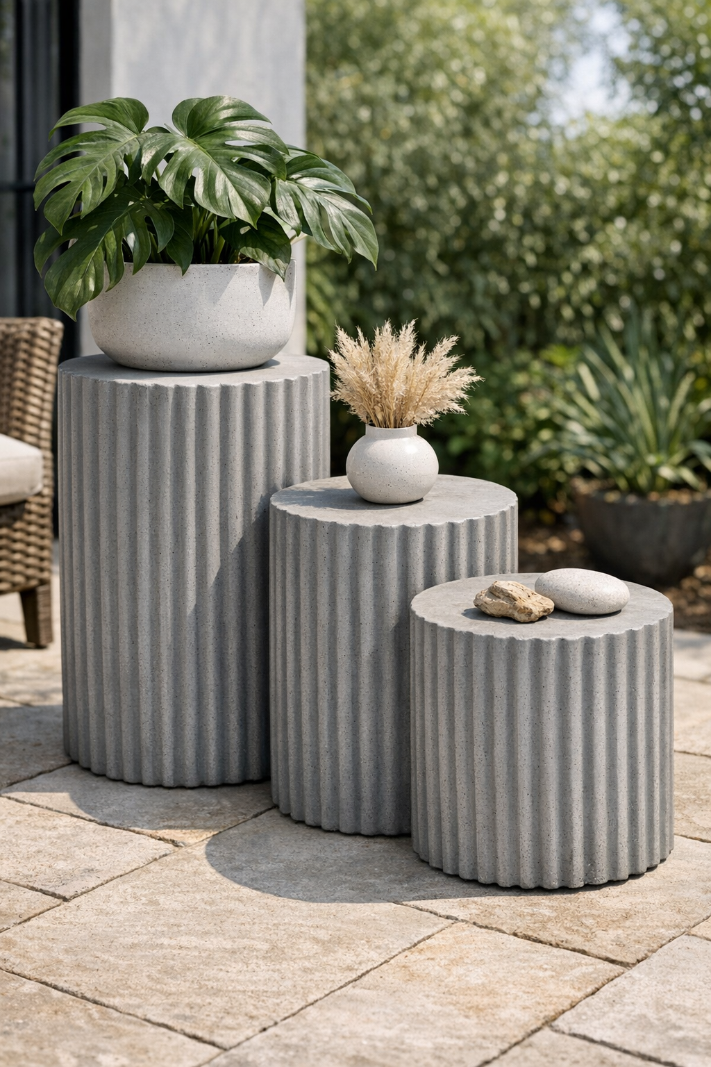 Three finished ribbed cement patio plinths arranged together outdoors