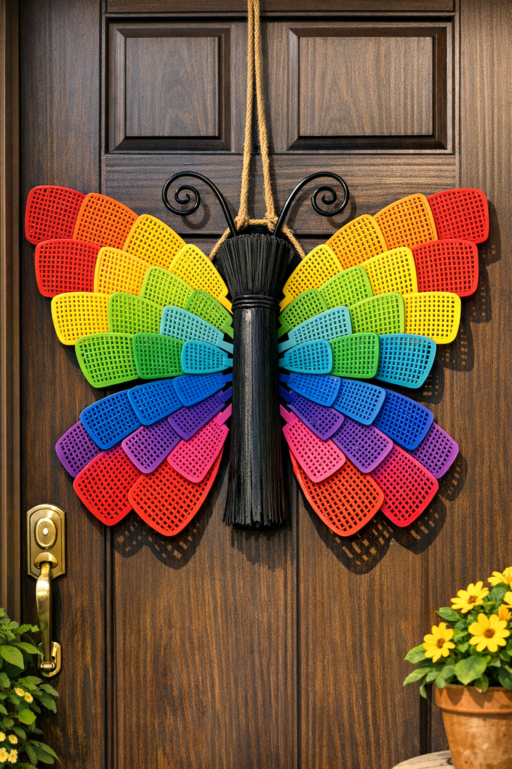 Finished giant summer butterfly front door hanger made from colorful fly swatters and a black broomstick