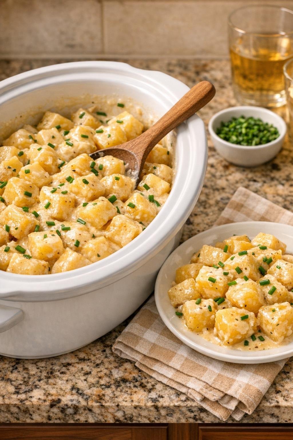 Finished creamy Yukon Gold potato cubes plated in a warm kitchen setting