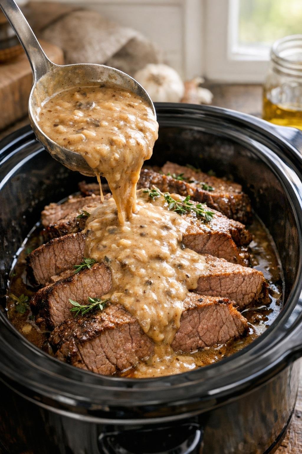 Hartige soepmix over gebraden vlees gegoten in een slowcooker.