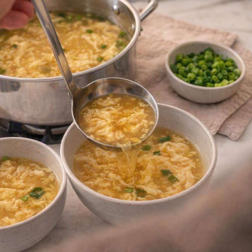 Soup being ladled into serving bowls