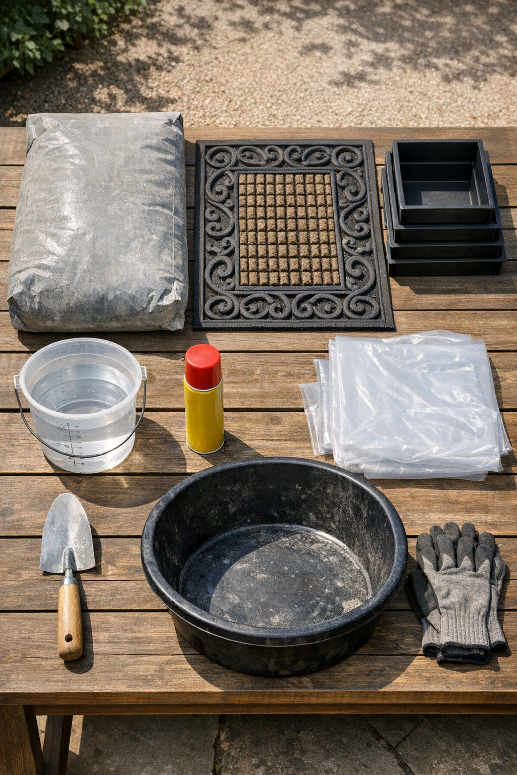 Materials for making textured cement garden pavers laid out together
