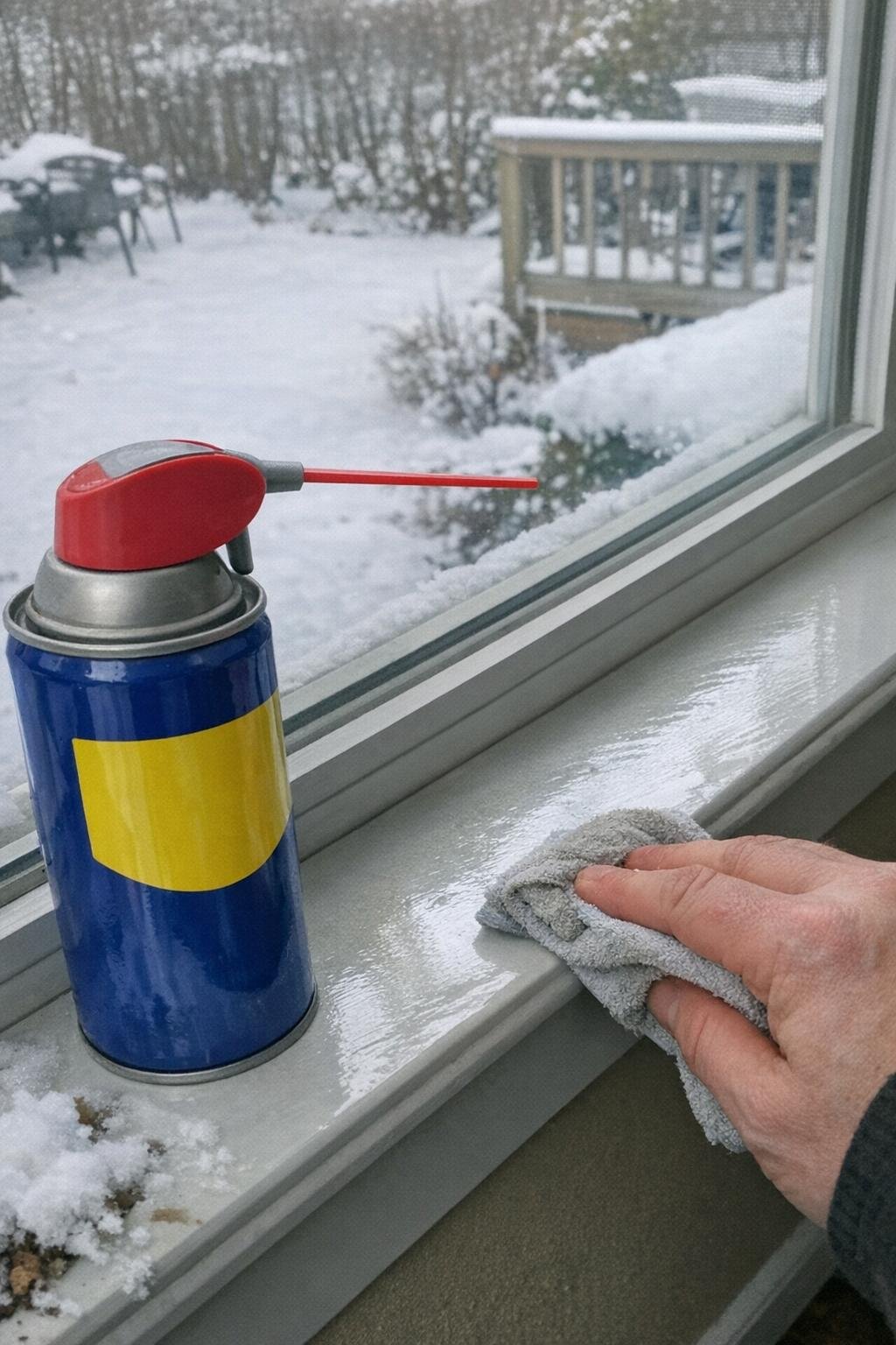 WD-40 being wiped onto an exterior window sill before snow