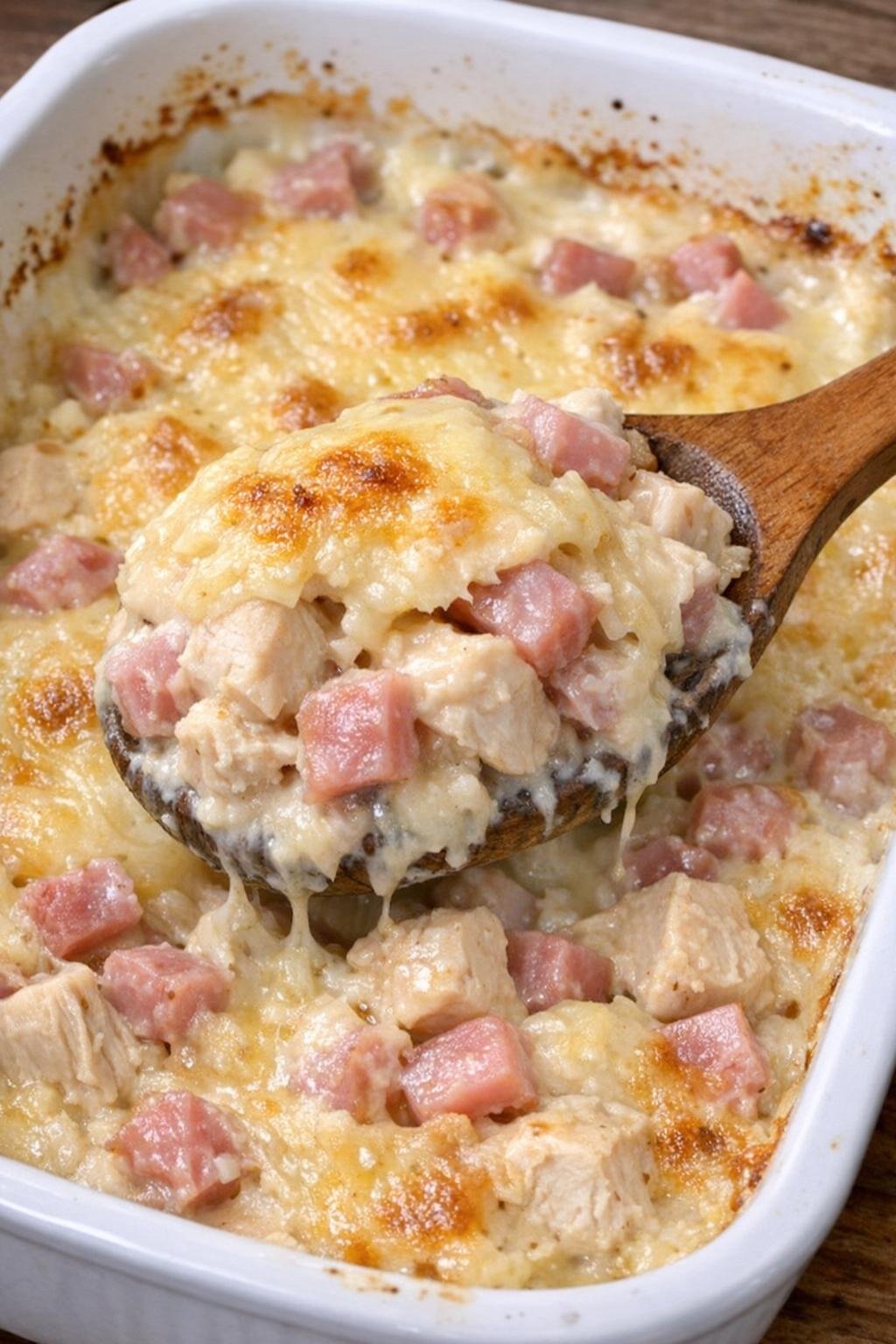 Golden bubbly chicken cordon bleu casserole in a white ceramic dish