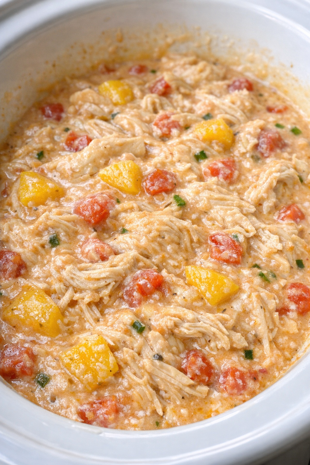 Slow cooker creamy peach salsa chicken in a white slow cooker