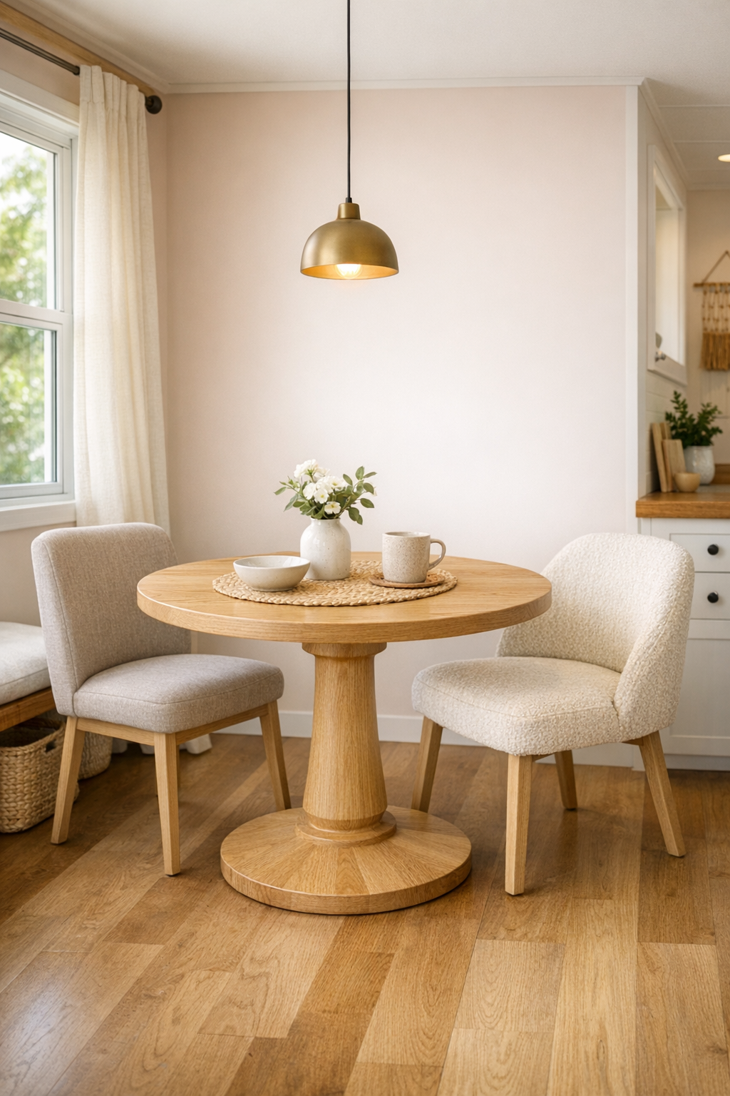 Round oak dining table in a blush tiny home with soft lighting and comfortable seating
