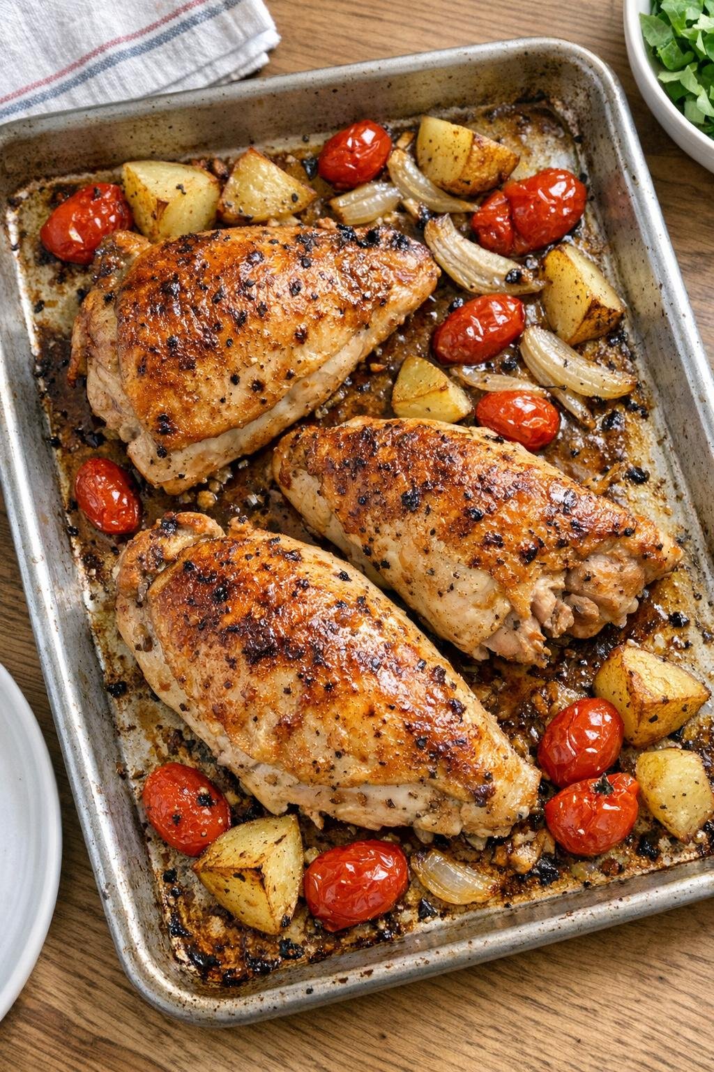 Finished roasted split chicken breasts on a sheet pan