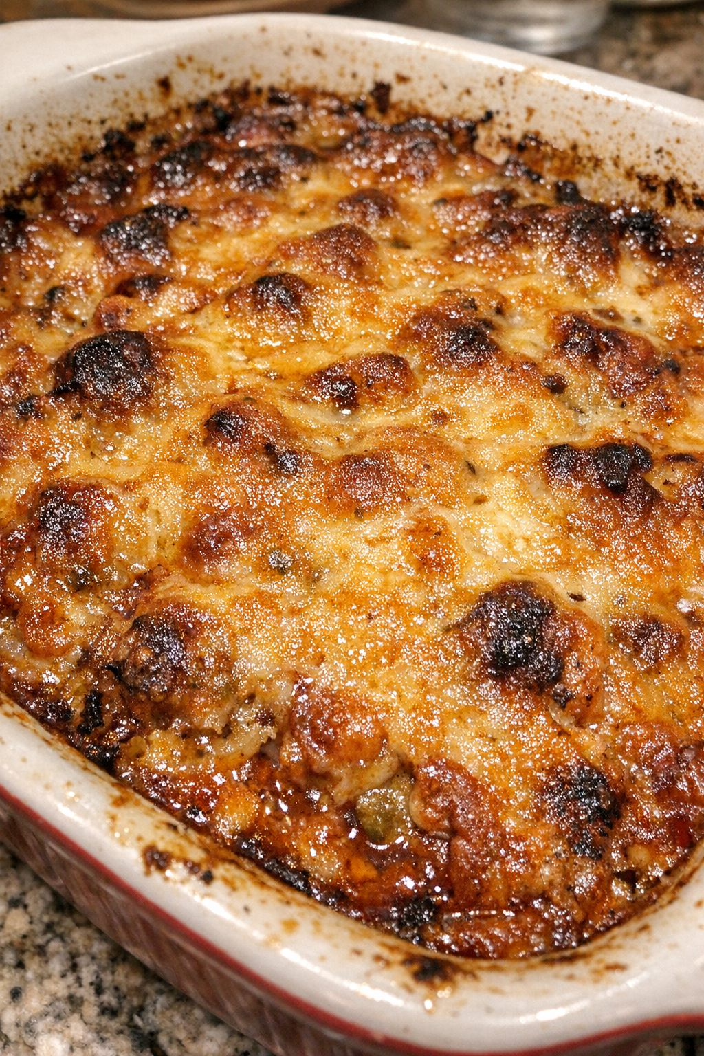 Bubbly baked comfort casserole in a ceramic dish