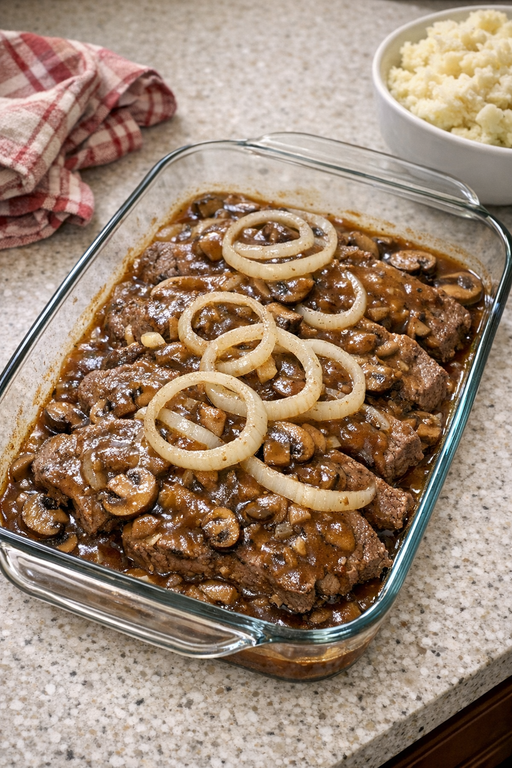 Finished baked sirloin steak with mushroom gravy in a casserole dish