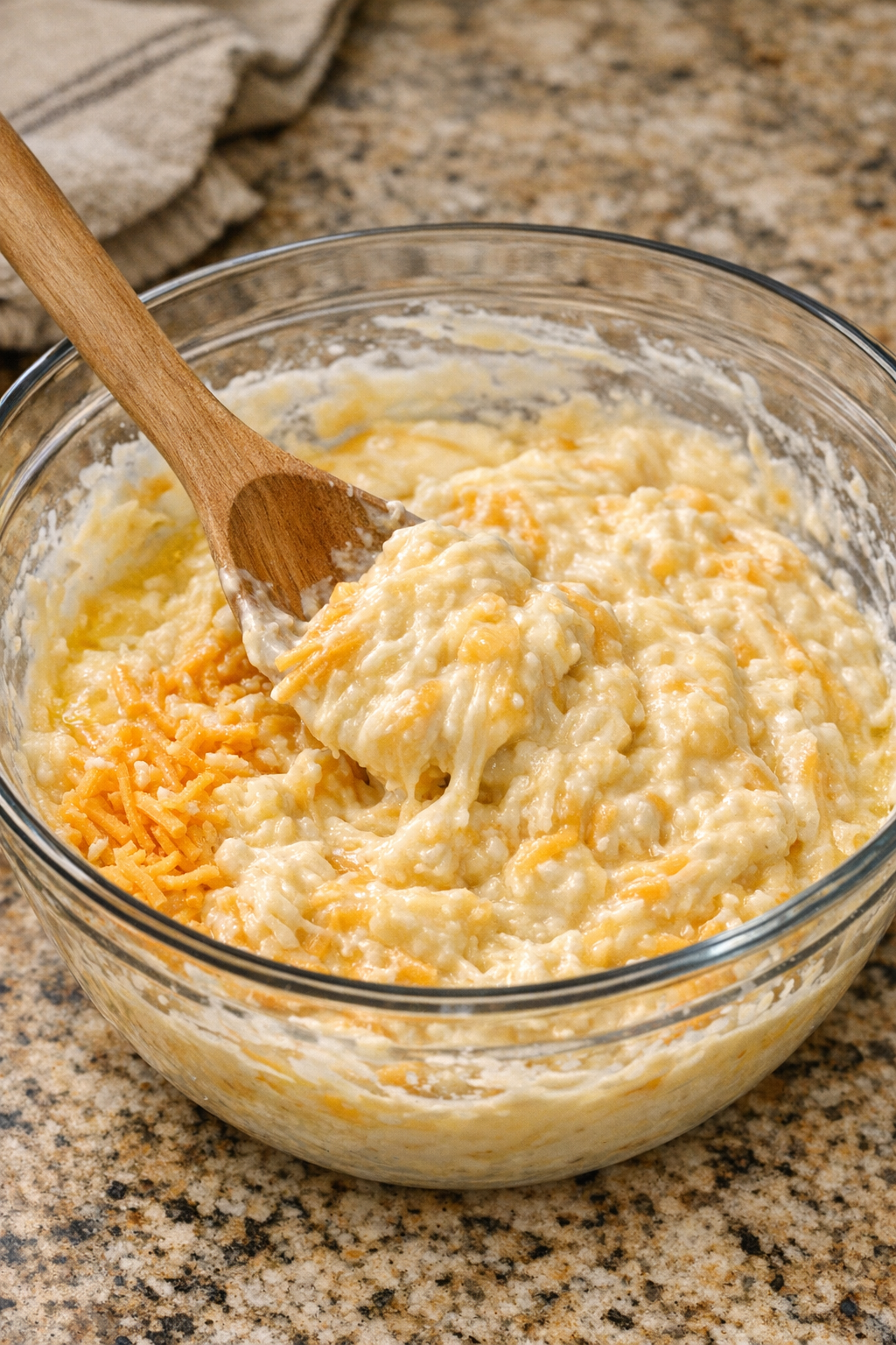 Creamy cheese mixture stirred in a bowl