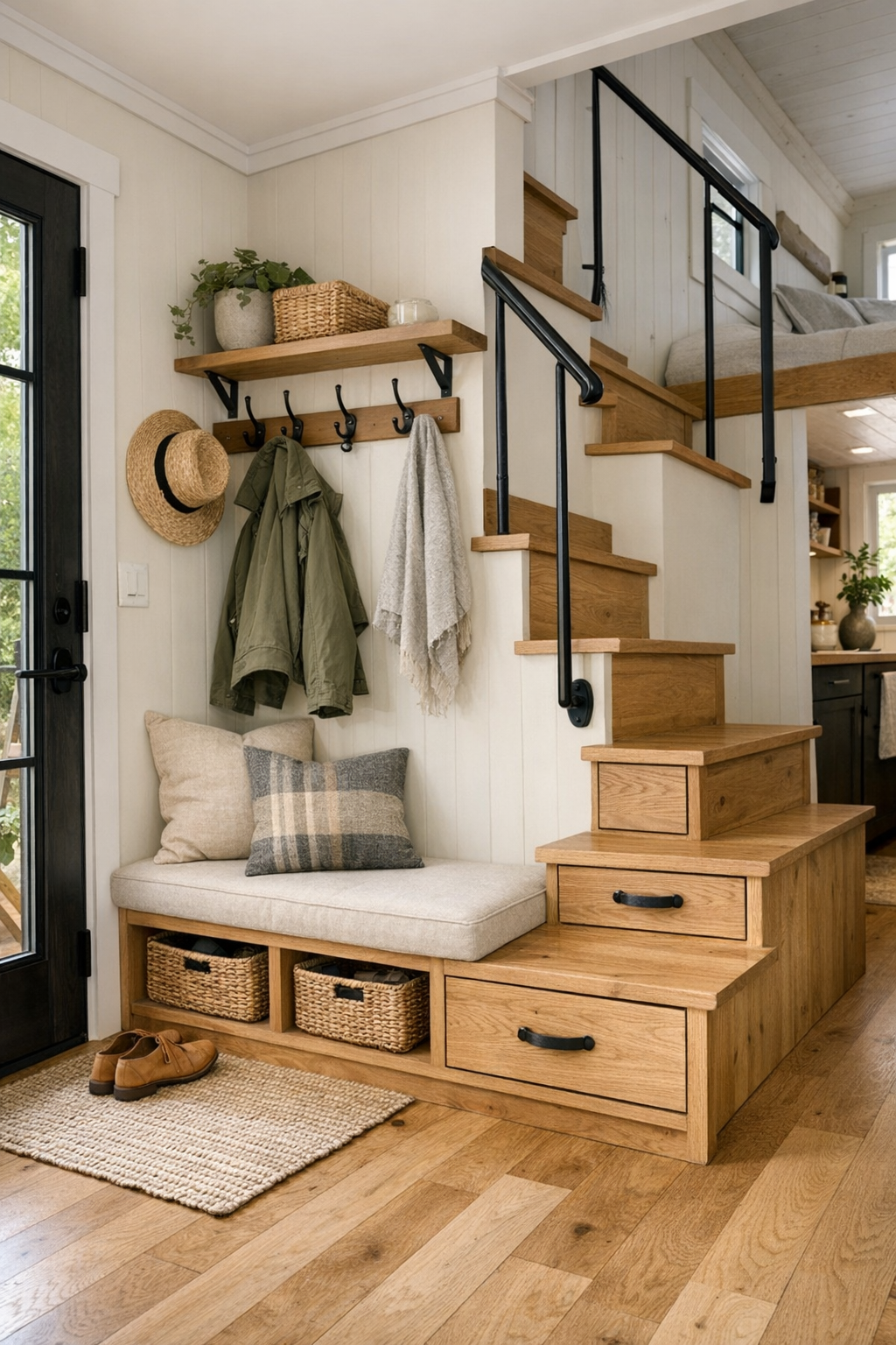 Functional tiny home entry and loft access with built-in storage, wood stairs, and cream finishes