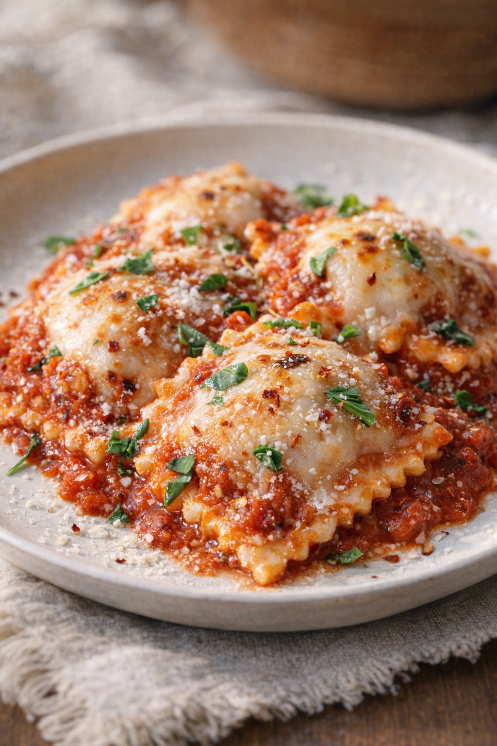 Cheesy ravioli topped with basil and Parmesan