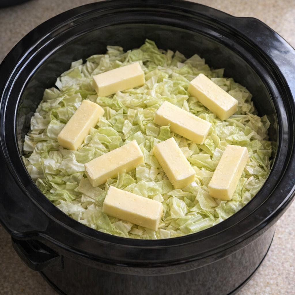 Chopped cabbage and butter in a slow cooker