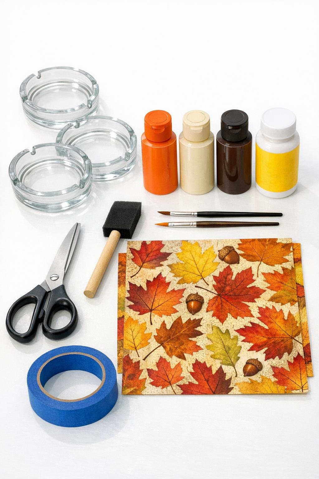 Materials for making three autumn trinket dishes from old glass ashtrays