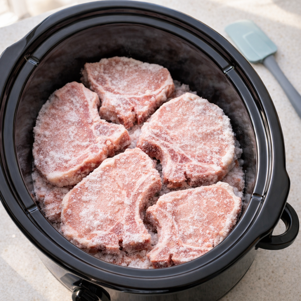 Frozen pork chops arranged in a slow cooker insert