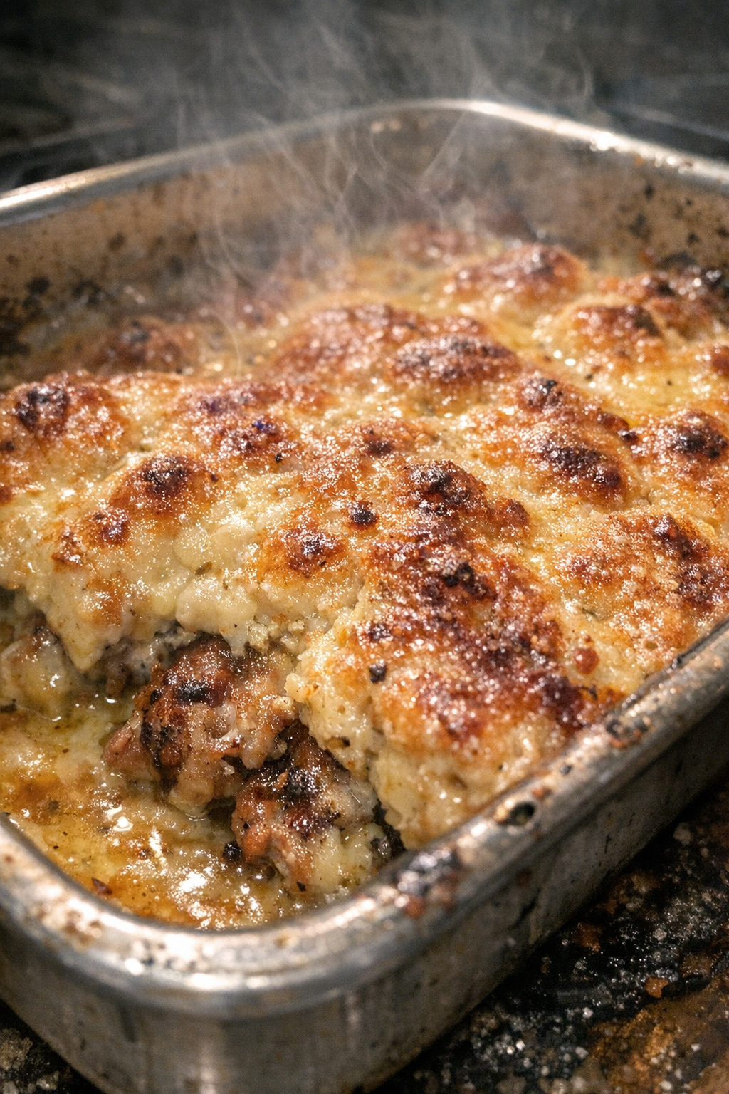 Bubbly baked casserole with golden crust in a metal pan