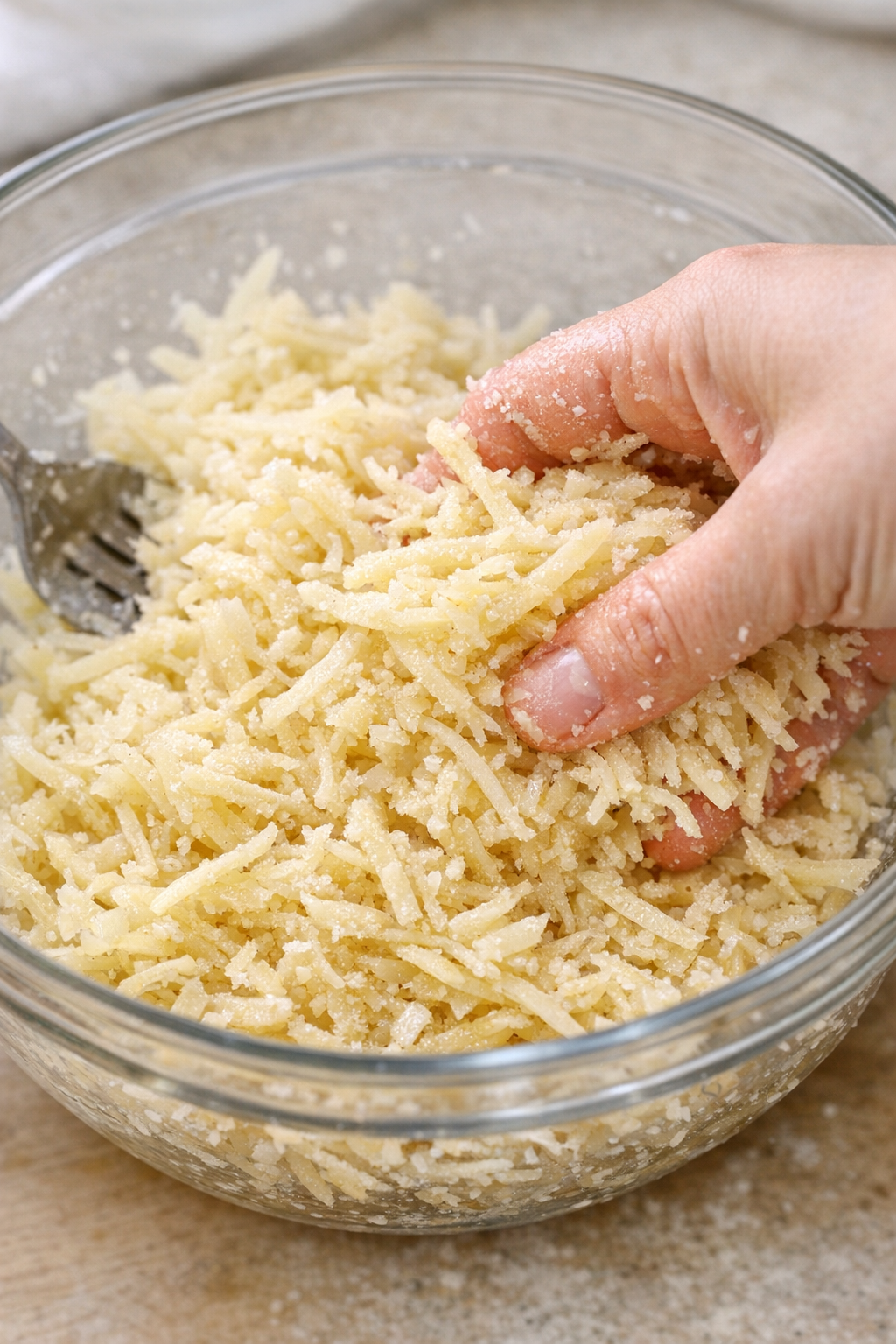 Potato mixture being tossed in a mixing bowl