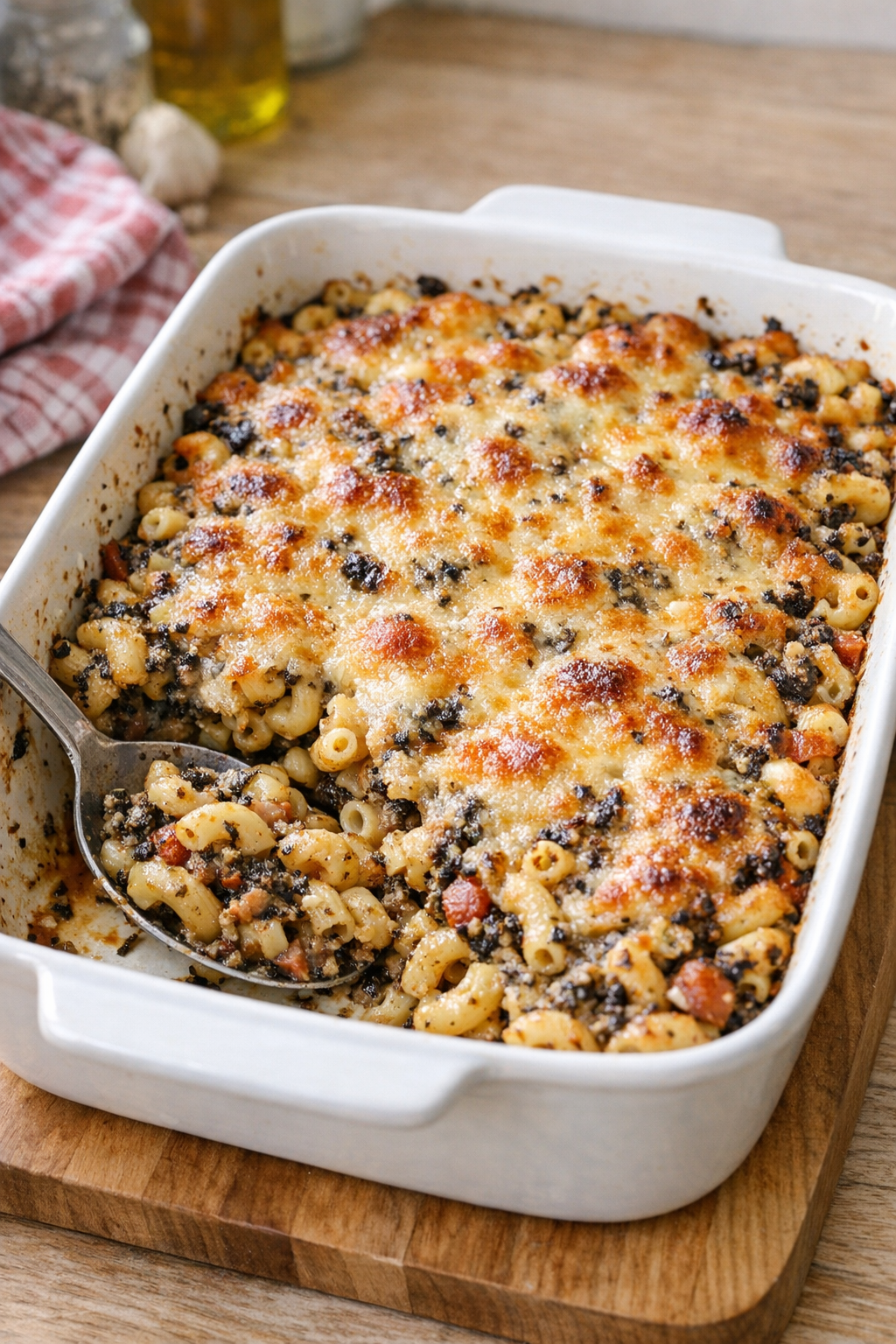 Baked olive tapenade macaroni casserole in a white baking dish