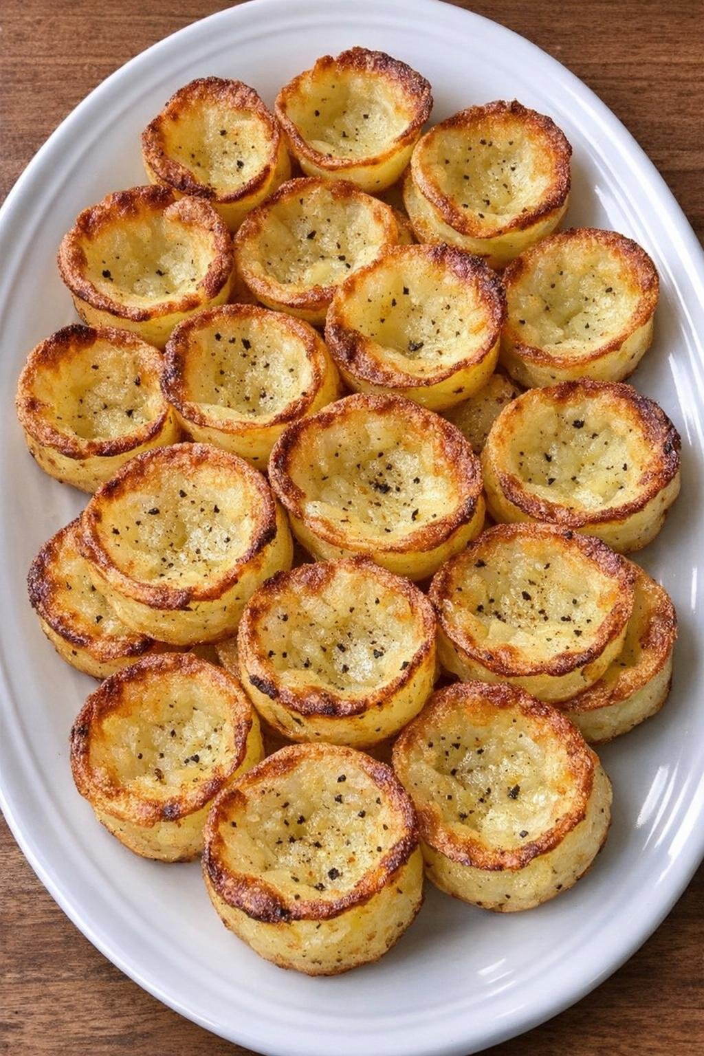 Aardappelschelpjes gevuld met boter op een wit ovaal bord.