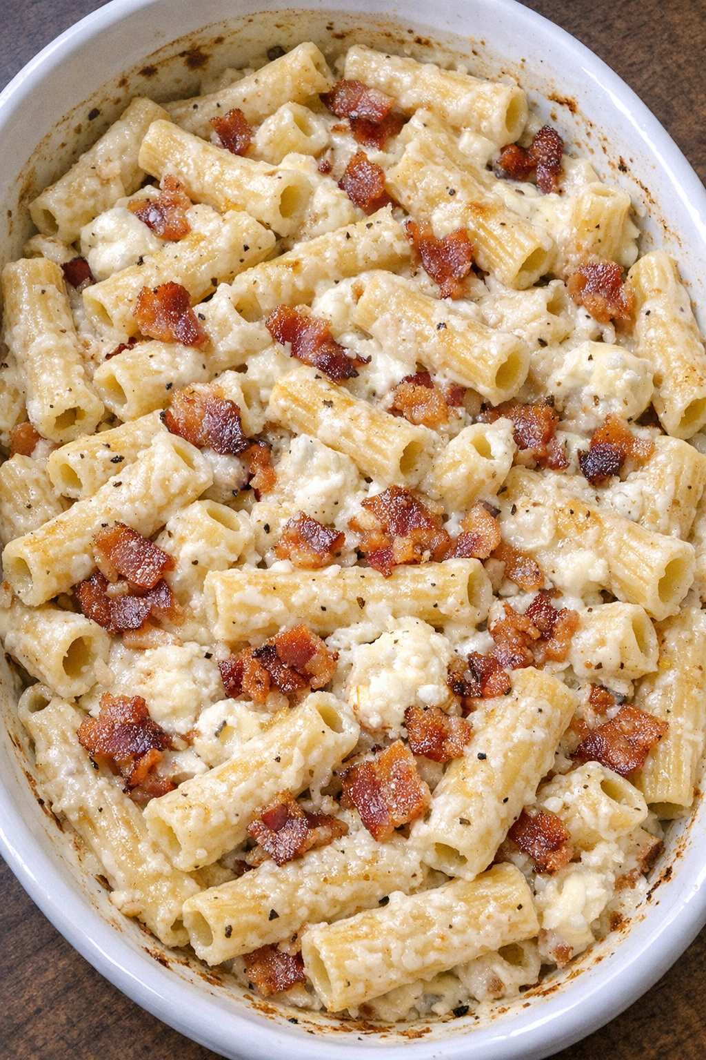 Creamy bacon ziti in a white casserole dish