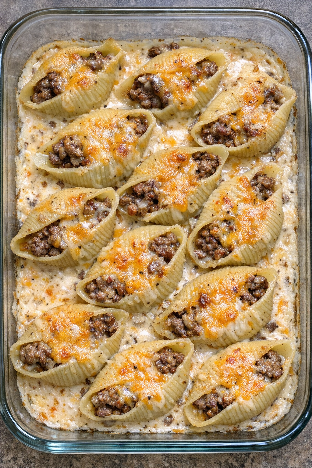 Baked creamy taco beef shells in a glass baking dish