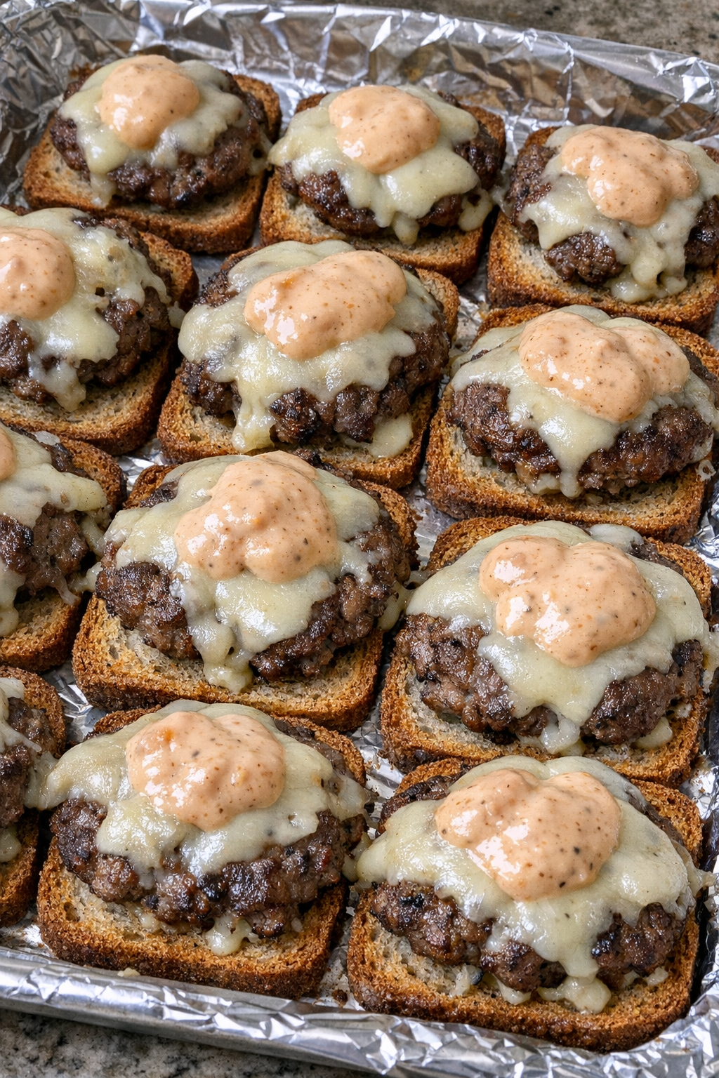 Finished mini patty melts baked until golden and melty