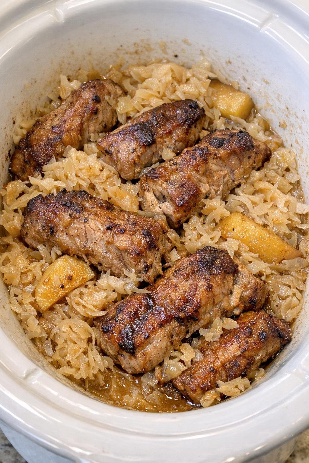 Tender pork ribs over sauerkraut in a slow cooker