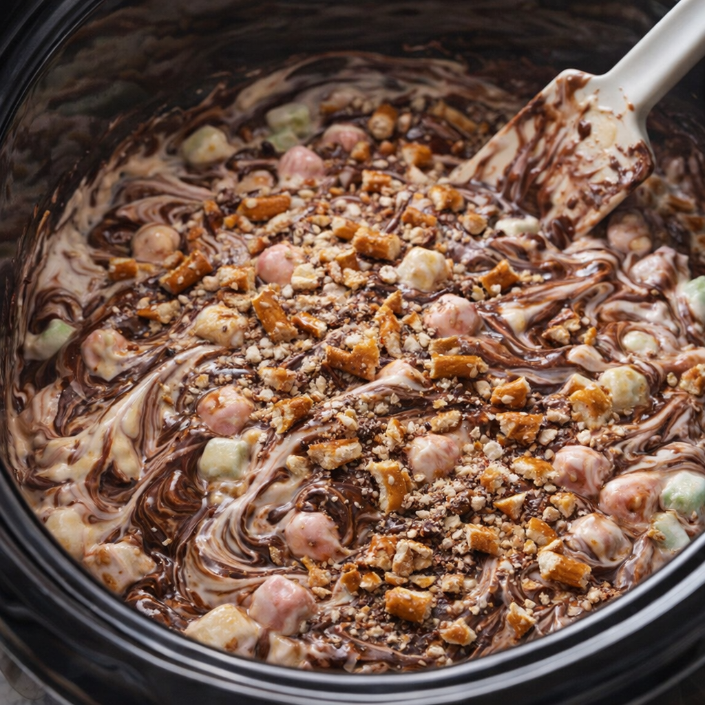 Marbled marshmallow bark mixture topped with crushed pretzels