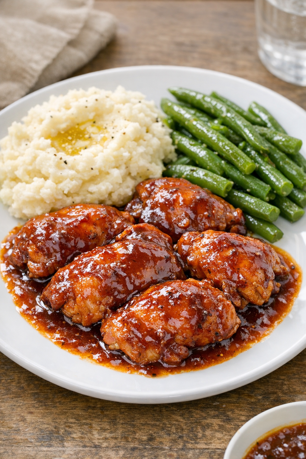 Finished slow cooker chicken plated with sauce