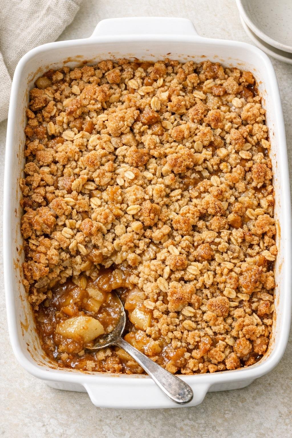 Finished caramel apple crisp in a ceramic casserole dish