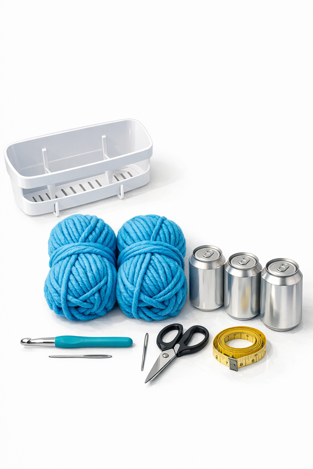 Materials for a crocheted outdoor drink caddy laid out on a table