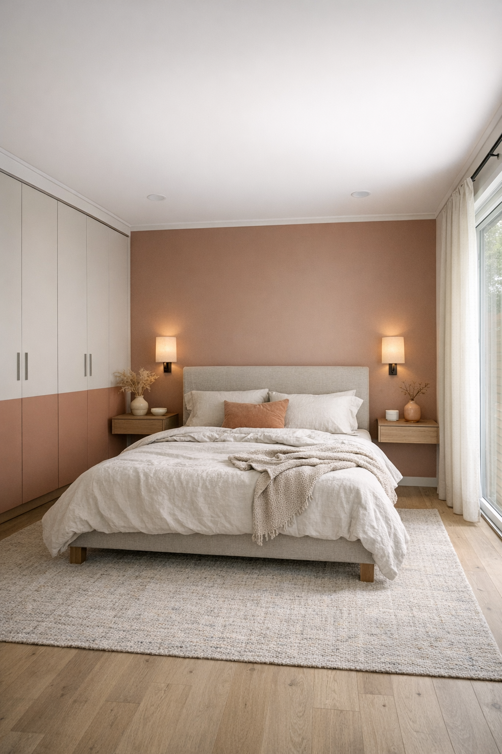 Calm bedroom with an upholstered bed, clay accents, and built-in storage