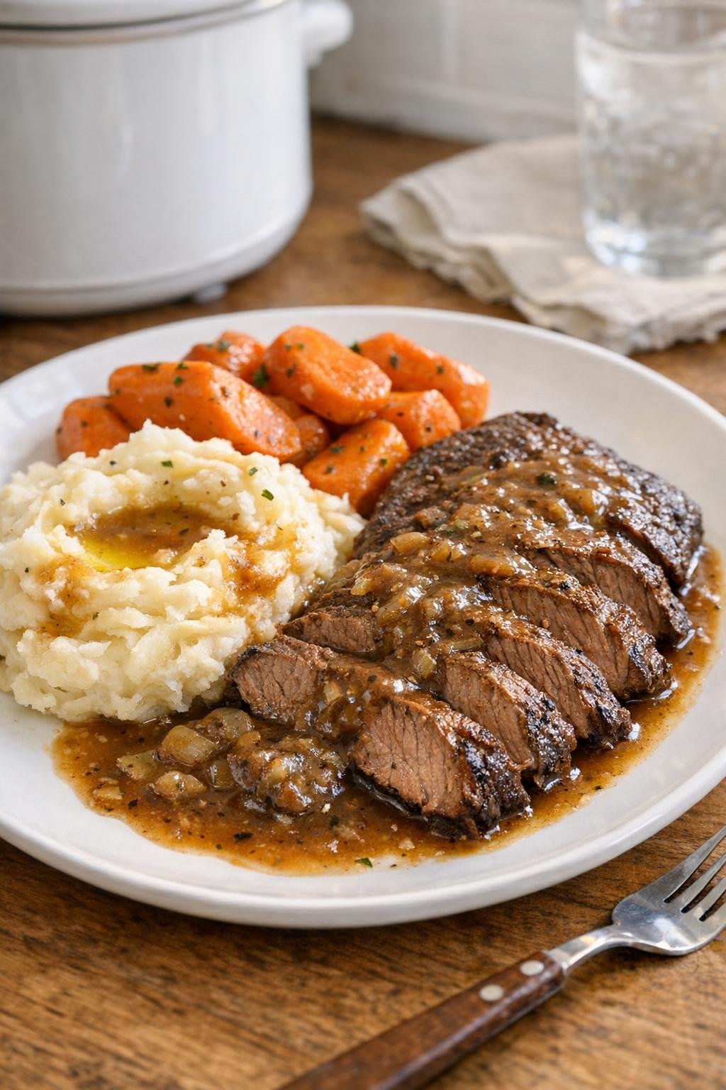 Finished slow cooker flat iron steak plated with rich gravy