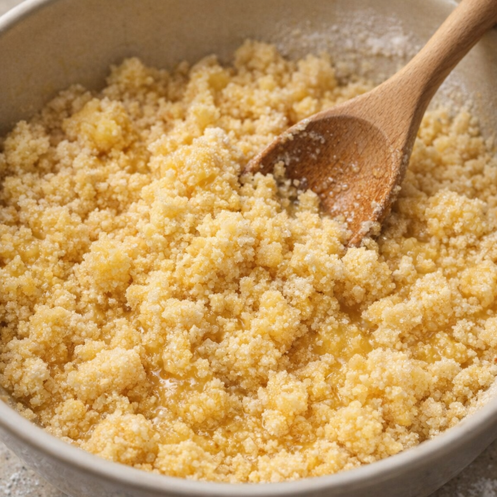 Crumbly cake mixture mixed with melted butter