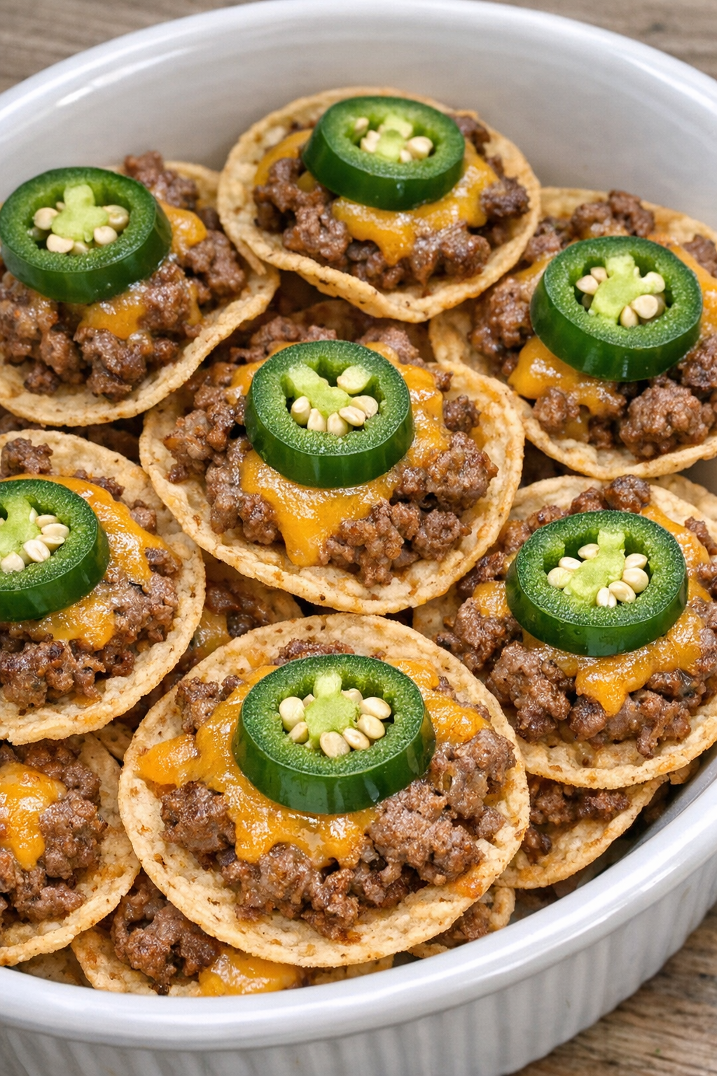 Close-up of baked beef nacho bites