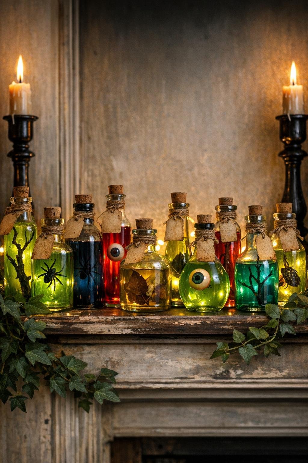Glowing witch's apothecary potion shelf made from recycled glass bottles