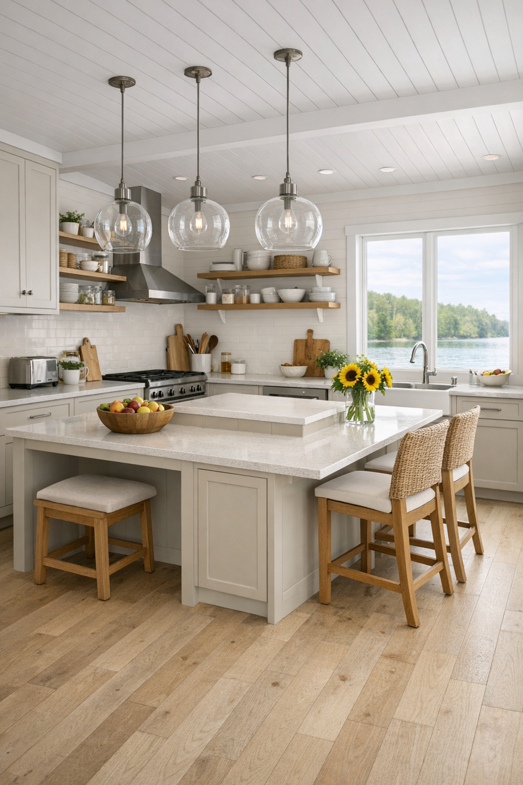 Family-friendly accessible kitchen with putty cabinets, quartz counters, and a multi-height island