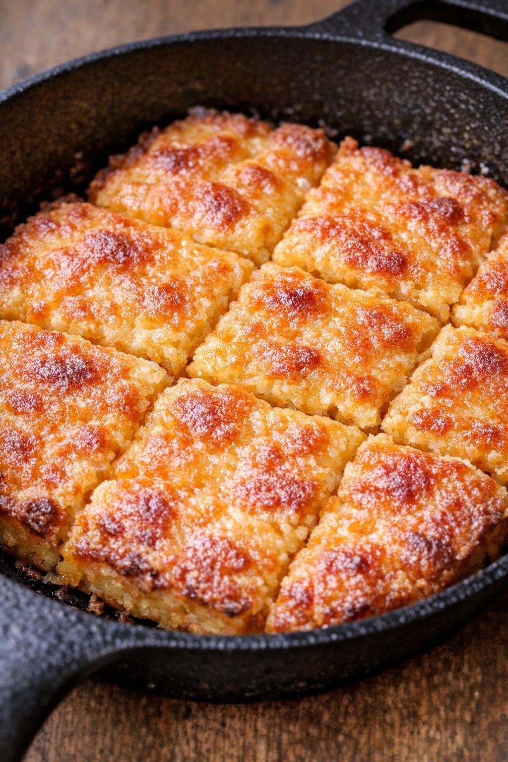 Southern 3-ingredient golden cheddar squares in a cast iron skillet