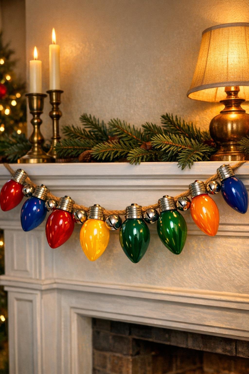 Finished retro bulb mantel garland displayed on a mantel