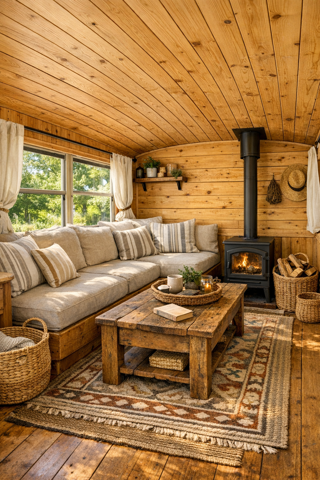 Rustic converted bus living room with built-in bench seating and pine walls